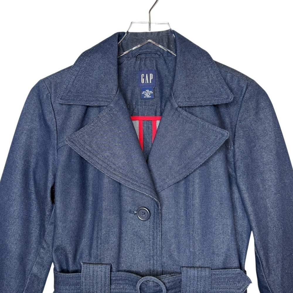 GAP Y2K Vintage Denim Dark Wash Women’s Blue Belted Women’s Trench Coat Sz XS - Picture 3 of 12